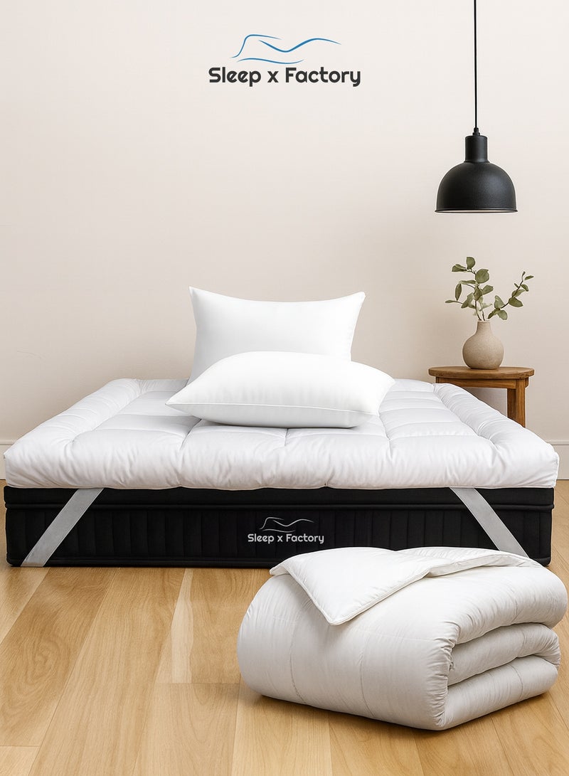 سليب × فاكتوري باقة نوم فندقية فاخرة ٤ قطع، لباد مرتبة بارتفاع ١٤ سم، مفرش لحاف، ٢ وسادة فندقية، حزمة لباد مرتبة و مفرش لحاف و مخدات، مناسب لسرير مزدوج مقاس ٢٠٠ × ١٥٠ سم - Image 4