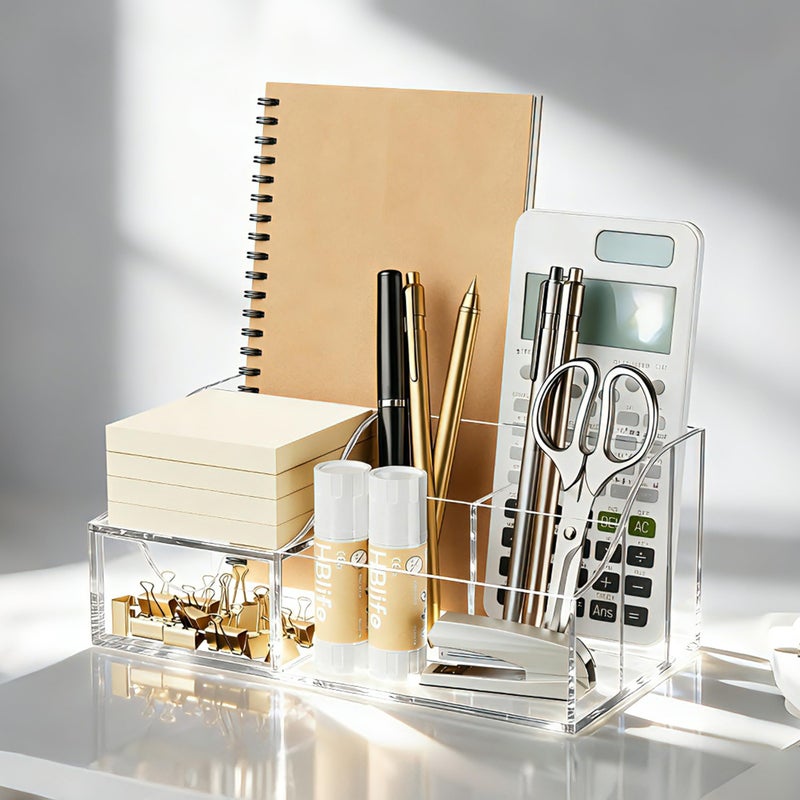 HBlife Acrylic Desk Organizer with 7 Compartments, Pen & Pencil Holder, Clear Multifunctional Desktop Caddy for Office Supply and Organization - Image 5
