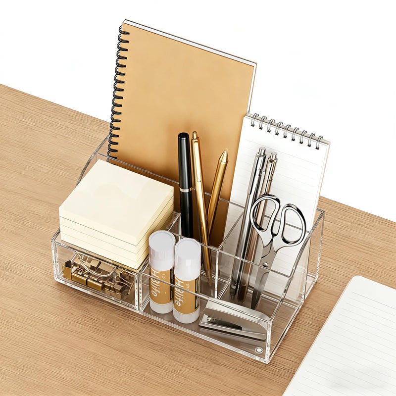 HBlife Acrylic Desk Organizer with 7 Compartments, Pen & Pencil Holder, Clear Multifunctional Desktop Caddy for Office Supply and Organization - Image 4