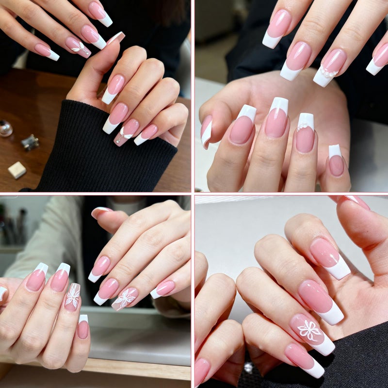 Tweruna 60 Pcs White French Tip Press on Nails, Medium Square Fake Nails, Toe Nail Press On, Glossy Glue on Acrylic Full Cover False Nail for Women Manicure - Image 2