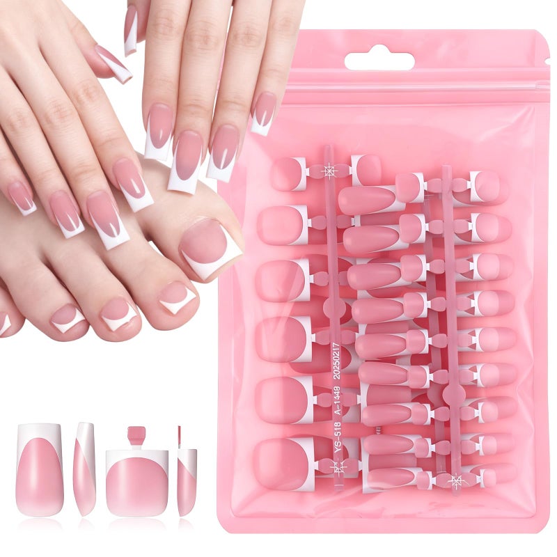 Tweruna 60 Pcs White French Tip Press on Nails, Medium Square Fake Nails, Toe Nail Press On, Glossy Glue on Acrylic Full Cover False Nail for Women Manicure - Image 1