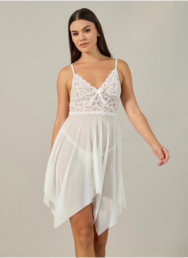 Styli Styli Lace Asymmetric Hem Babydoll with Briefs