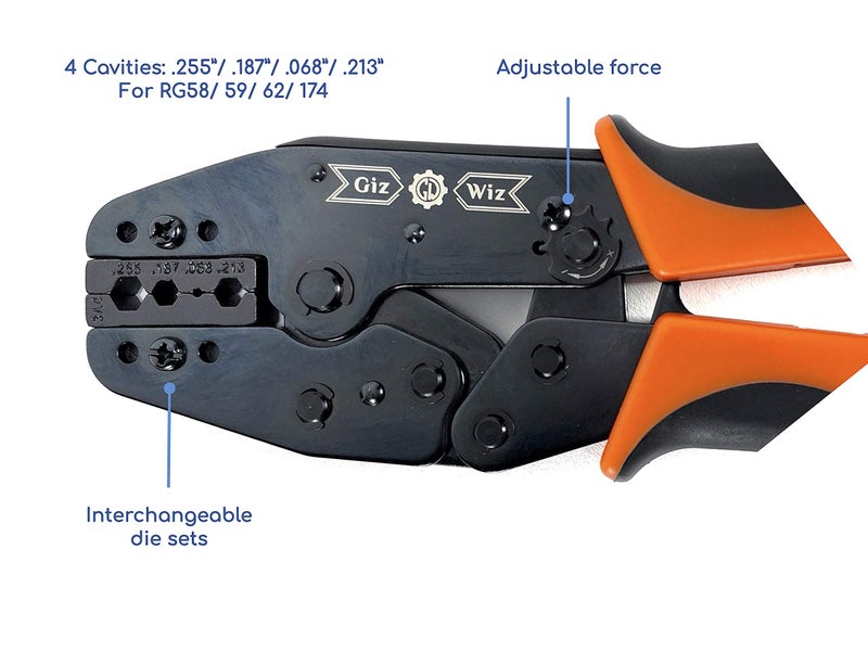 GIZWIZ Professional RF Coax Ratchet Crimp Tool RG58 RG59 RG62 RG174 .255" .187" .068" .213" G-H3A4 - Image 3