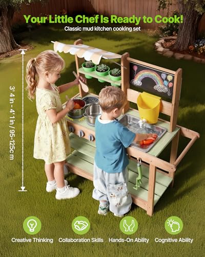 VEVOR Mud Kitchen Outdoor Mud Kitchen for Kids Wood Outdoor Play Kitchens with Spoons Sink Sunshade Canopy Swivel Wheels Cookware Pots and Accessories Wooden Play Kitchens for Home Lawn - Image 5