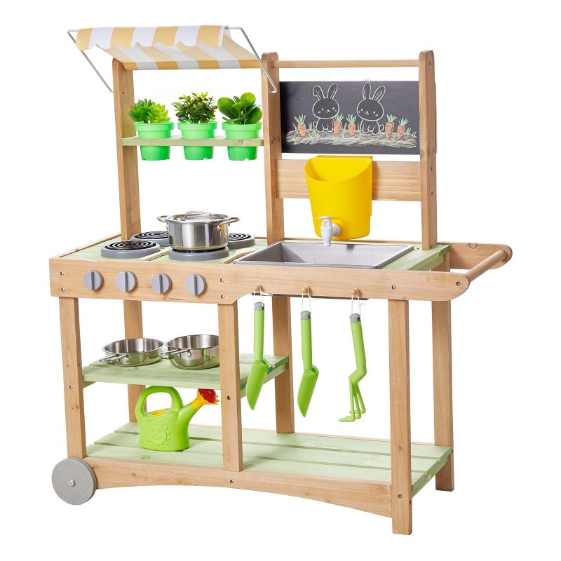 VEVOR Mud Kitchen Outdoor Mud Kitchen for Kids Wood Outdoor Play Kitchens with Spoons Sink Sunshade Canopy Swivel Wheels Cookware Pots and Accessories Wooden Play Kitchens for Home Lawn - Image 3