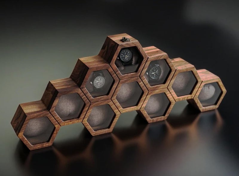 SRA Home Decor صندوق ساعات للرجال، صناديق ساعات للرجال، صندوق ساعات بغطاء مفصلي، صندوق تنظيم ساعات بتصميم خلية نحل، هدية عيد الميلاد، عيد الحب، يوم الأب. (10" فتحة) - Image 3