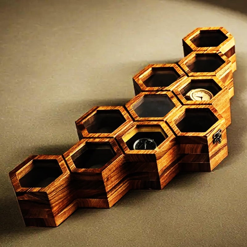 SRA Home Decor صندوق ساعات للرجال، صناديق ساعات للرجال، صندوق ساعات بغطاء مفصلي، صندوق تنظيم ساعات بتصميم خلية نحل، هدية عيد الميلاد، عيد الحب، يوم الأب. (10" فتحة) - Image 4