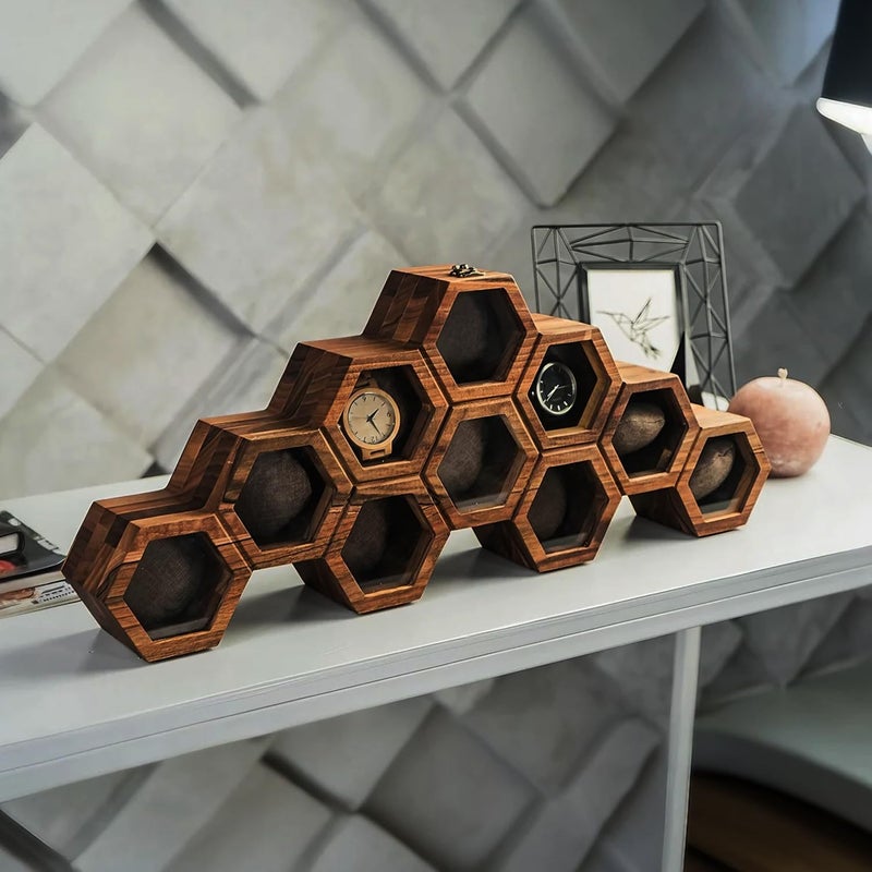 SRA Home Decor صندوق ساعات للرجال، صناديق ساعات للرجال، صندوق ساعات بغطاء مفصلي، صندوق تنظيم ساعات بتصميم خلية نحل، هدية عيد الميلاد، عيد الحب، يوم الأب. (10" فتحة) - Image 1