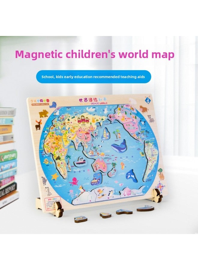Young Children's Wooden Magnetic Large Chinese Map Puzzle Puzzle For Primary School Students Early Education Geographical Cognition Puzzle Toy-Color:(blister) Children's World Map - Image 1