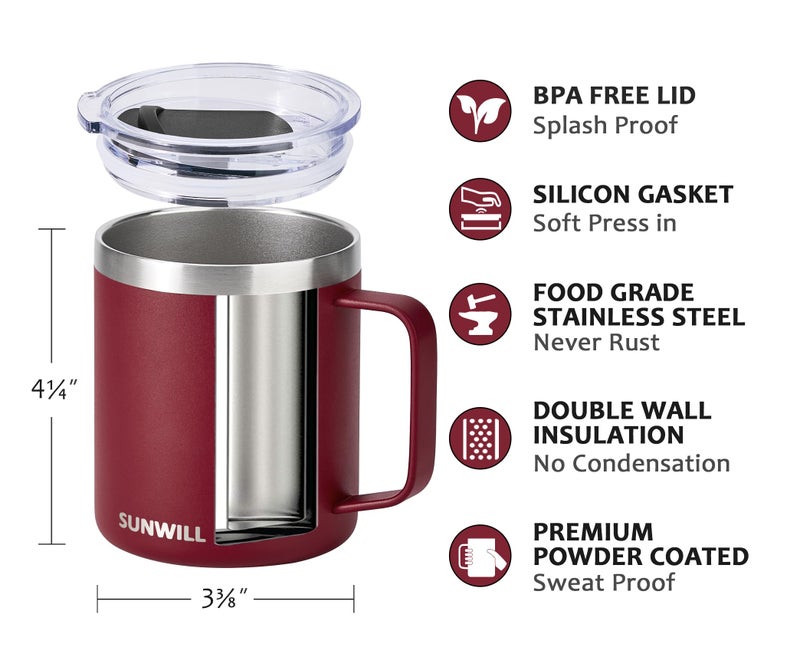 SUNWILL Travel Coffee Mug with Lid, Insulated Tumbler with Handle, 14 oz Stainless Steel Cup for Ice, Water, Tea, Powder Coated Wine Red - Image 2