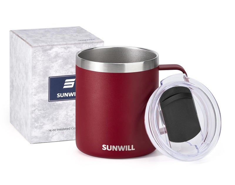 SUNWILL Travel Coffee Mug with Lid, Insulated Tumbler with Handle, 14 oz Stainless Steel Cup for Ice, Water, Tea, Powder Coated Wine Red - Image 5