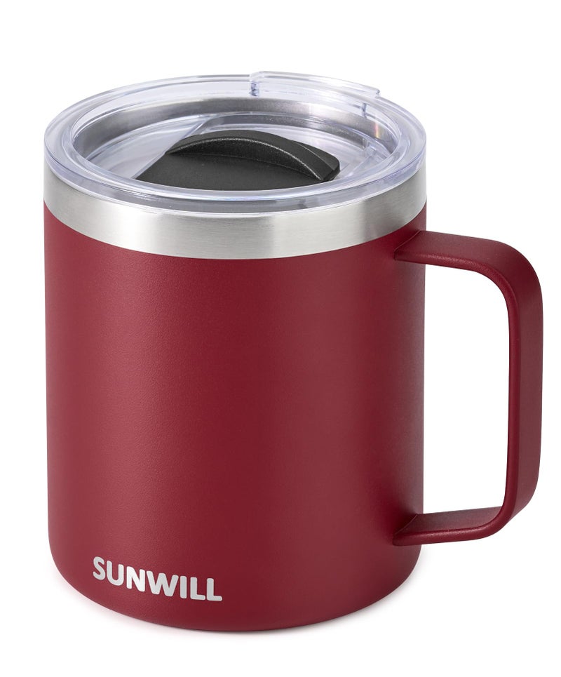 SUNWILL Travel Coffee Mug with Lid, Insulated Tumbler with Handle, 14 oz Stainless Steel Cup for Ice, Water, Tea, Powder Coated Wine Red - Image 1