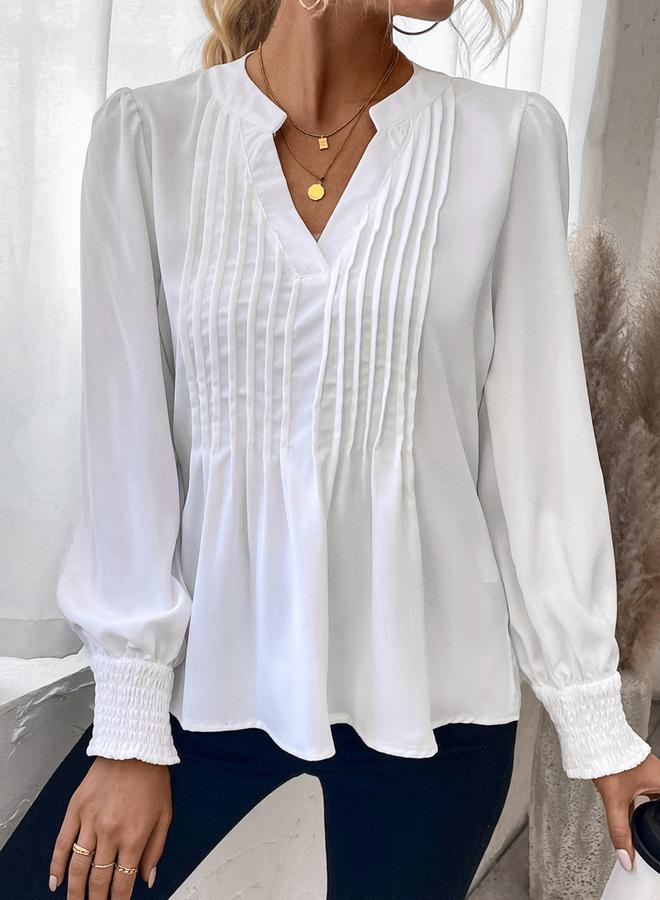 تايك تو توب سادة بأكمام منفوخة مزين بتفاصيل كسرات - Image 4