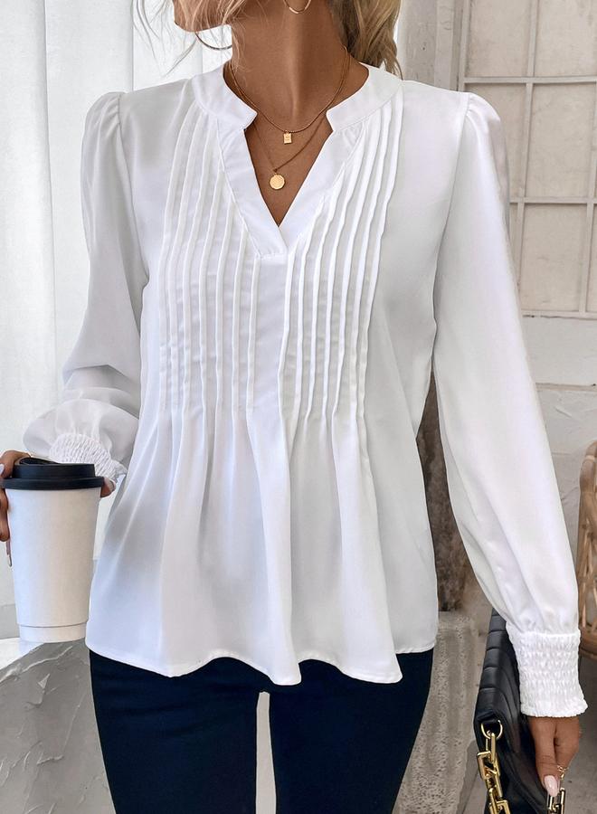 تايك تو توب سادة بأكمام منفوخة مزين بتفاصيل كسرات - Image 3