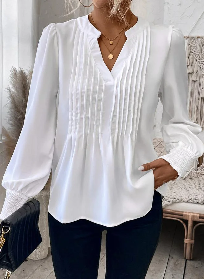 Take Two Take Two Solid Puff Sleeve Pintuck Detail Top