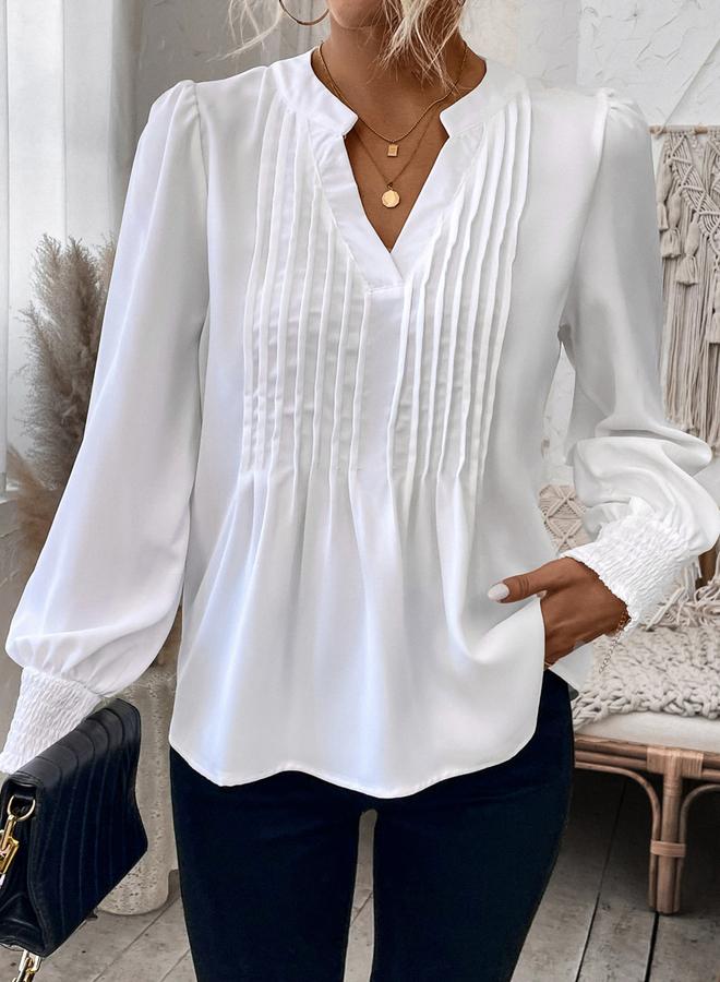 تايك تو توب سادة بأكمام منفوخة مزين بتفاصيل كسرات - Image 1