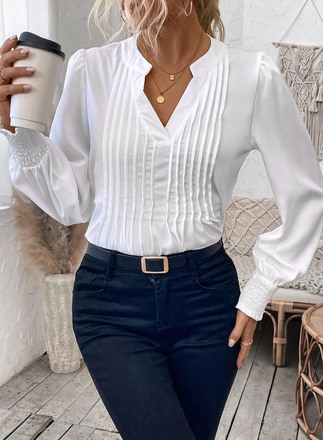 تايك تو توب سادة بأكمام منفوخة مزين بتفاصيل كسرات - Image 5