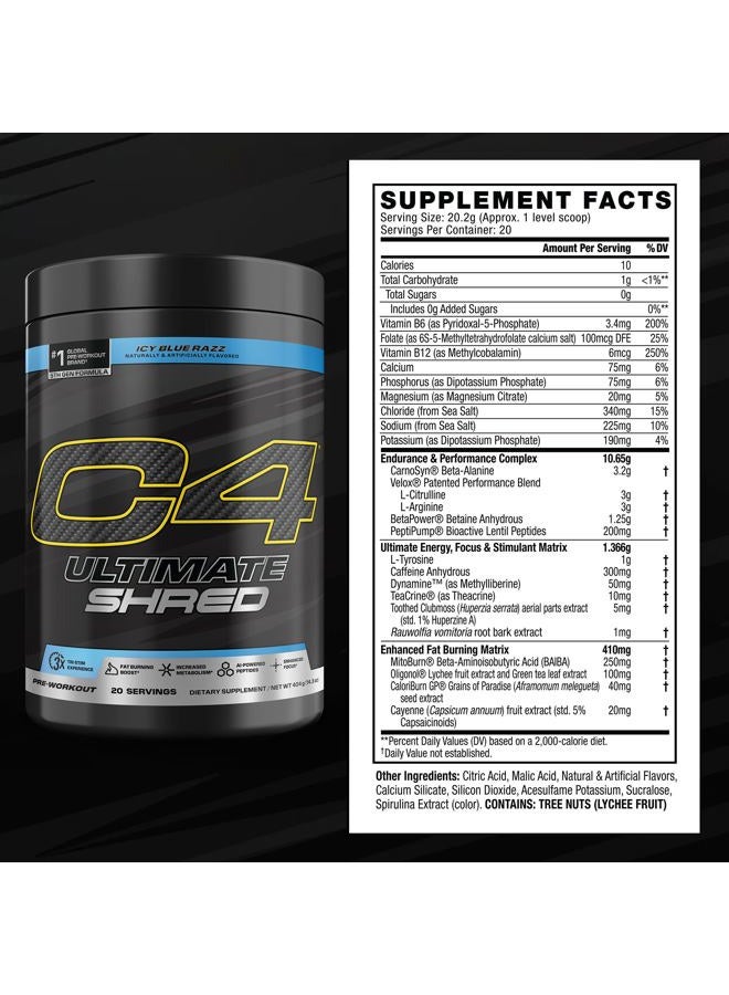 C4 Cellucor C4 Ultimate Shred Pre Workout Powder for Men & Women, Metabolism Supplement with Ginger Root Extract, ICY Blue Razz, 20 Servings (Pack of 1) - Image 3