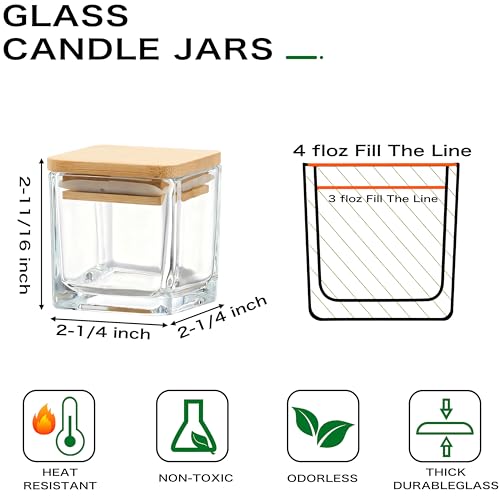 Danmu 4 oz Square Glass Jars with Bamboo Lids - Thick Bottom Clear Candle Making Jars, Empty Containers for DIY, Storage, Crafts, Wedding Favors 12 Pack - Image 2