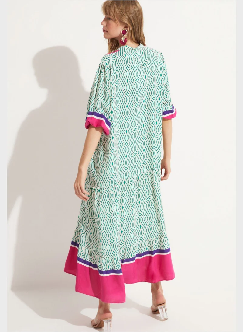 JUNE Balloon Sleeve V-Neck Button Detail Dress