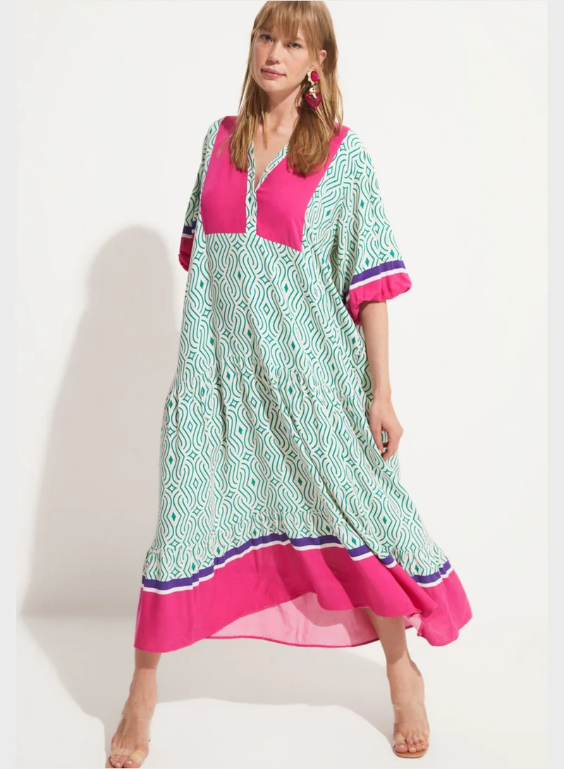 JUNE Balloon Sleeve V-Neck Button Detail Dress