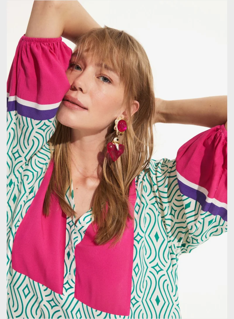 JUNE Balloon Sleeve V-Neck Button Detail Dress