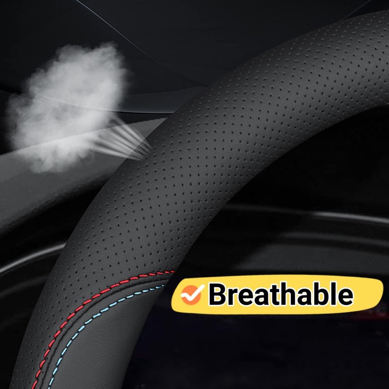 Steering Wheel Cover: O-Shaped 38cm Breathable Leather - Anti-Slip Textured Surface Steering Wheel Protector for Most Sedans, SUVs, MPVs and Year-Round Driving Comfort - Image 2