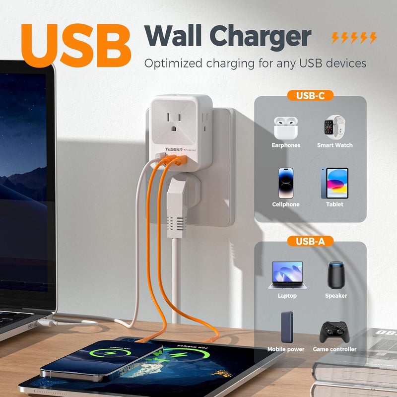 تيسان واقي التيار الزائد متعدد المقابس من تيسان مع 4 مقابس حائط و3 منافذ USB (2 منفذ USB-C)، مقابس متعددة من 3 جوانب للمنزل والمكتب وغرفة النوم والمستلزمات المدرسية - Image 2