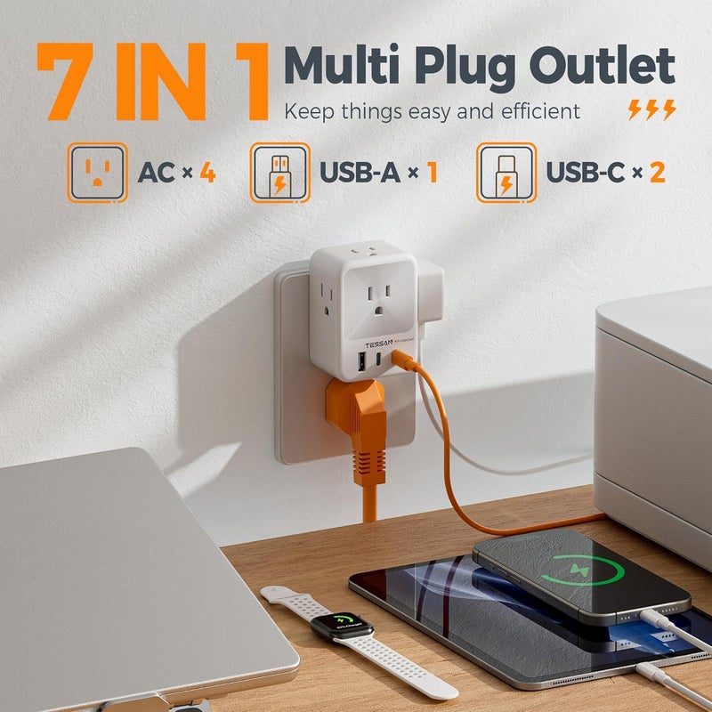 تيسان واقي التيار الزائد متعدد المقابس من تيسان مع 4 مقابس حائط و3 منافذ USB (2 منفذ USB-C)، مقابس متعددة من 3 جوانب للمنزل والمكتب وغرفة النوم والمستلزمات المدرسية - Image 3