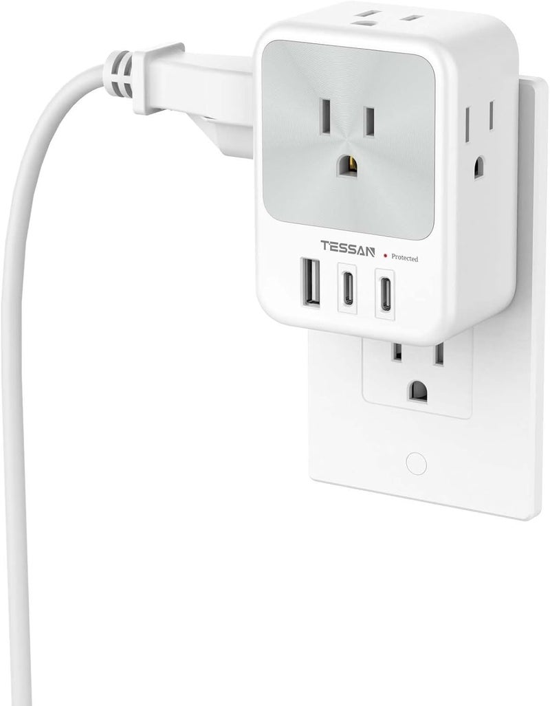 تيسان واقي التيار الزائد متعدد المقابس من تيسان مع 4 مقابس حائط و3 منافذ USB (2 منفذ USB-C)، مقابس متعددة من 3 جوانب للمنزل والمكتب وغرفة النوم والمستلزمات المدرسية - Image 1