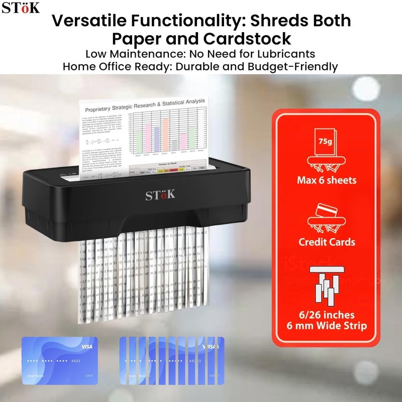 SToK مُحَطِّمَة الأوراق STöK (ST-15SC) للاستخدام المنزلي والمكتبي، مُحَطِّمَة شريطية بسعة 6 أوراق، مستوى أمان P-2، مُحَطِّمَة بطاقات ائتمان هادئة مع نظام مقاوم للاختناق، سعة سلة 10 لتر (ضمان خارجي لمدة عام) - Image 2