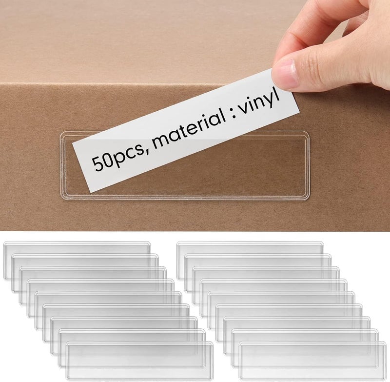 KASTWAVE 50 Pack Adhesive Label Holders, Clear Plastic Label Pockets 1.2 x 4.3 Inch for Drawers, Shelves, Storage Bins, Mailbox, Library, Classroom, and Office Organization - Image 1