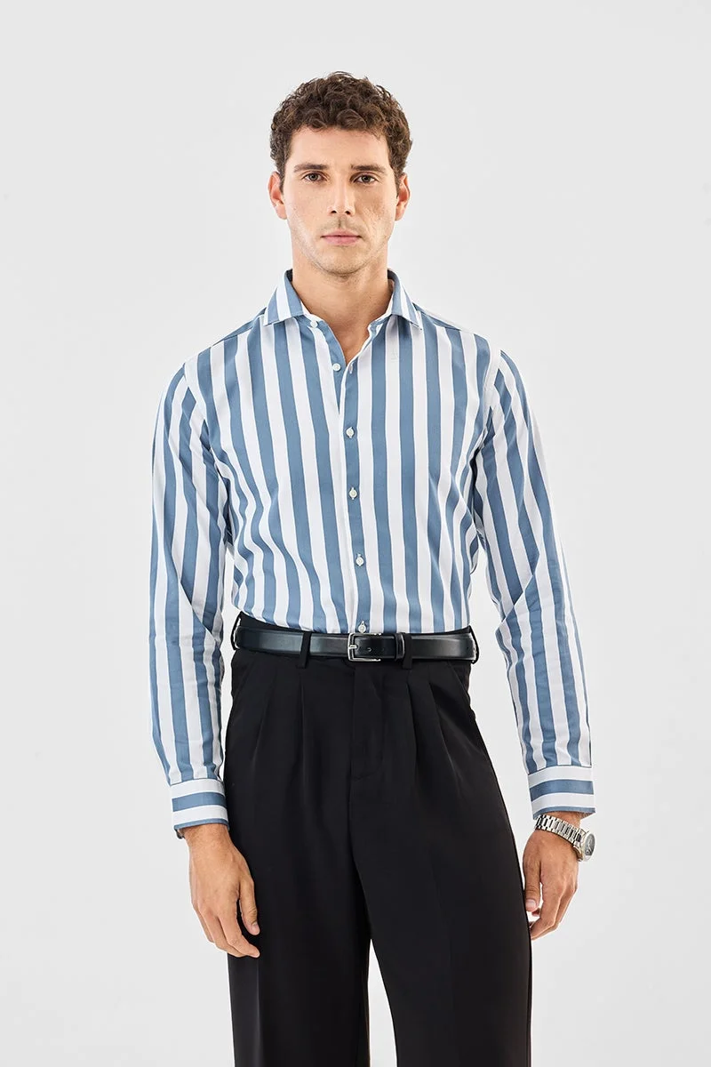 سنيتش Blue Striped Long Sleeve Slim Fit Formal Luxe Shirt