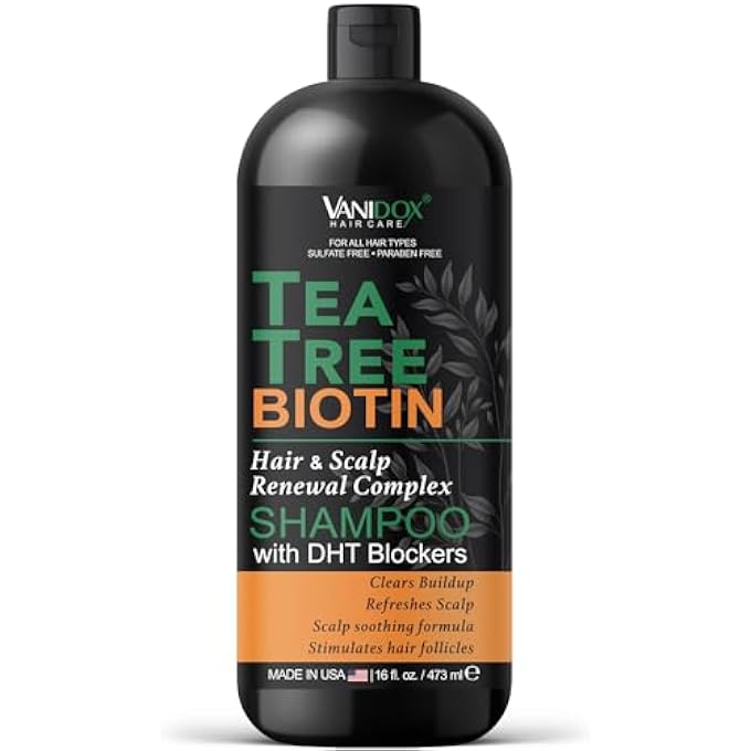 Tea Tree Oil Shampoo with Biotin, DHT Blockers, Itchy Scalp Relief, Supports Thicker-Looking Hair, Cleanses Dandruff & Buildup, For Men & Women, Made in USA, 16 fl oz