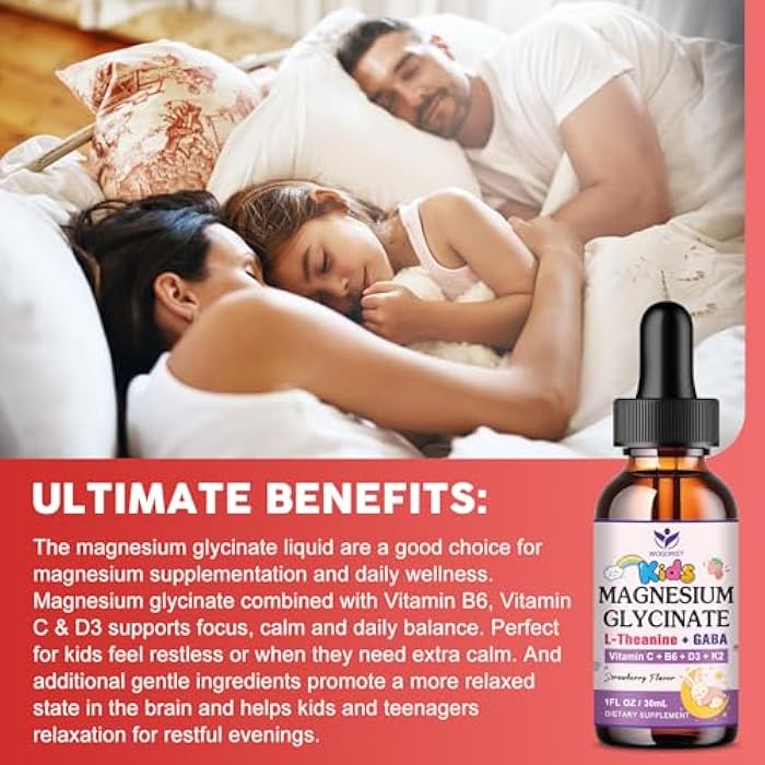 WOGORGT Magnesium Glycinate Drops for Kids - Relaxation & Cognition Support - 200mg Liquid Magnesium Glycinate Supplement with L-Theanine, GABA, B6, D3, K2 - Sugar Free, Strawberry Flavor - 1 Fl Oz (2 Pack) - Image 4