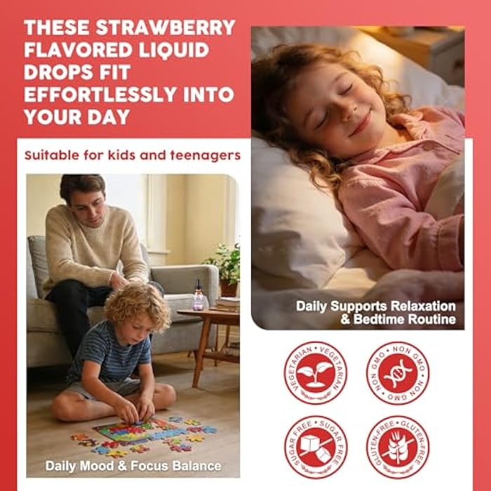 WOGORGT Magnesium Glycinate Drops for Kids - Relaxation & Cognition Support - 200mg Liquid Magnesium Glycinate Supplement with L-Theanine, GABA, B6, D3, K2 - Sugar Free, Strawberry Flavor - 1 Fl Oz (2 Pack) - Image 5