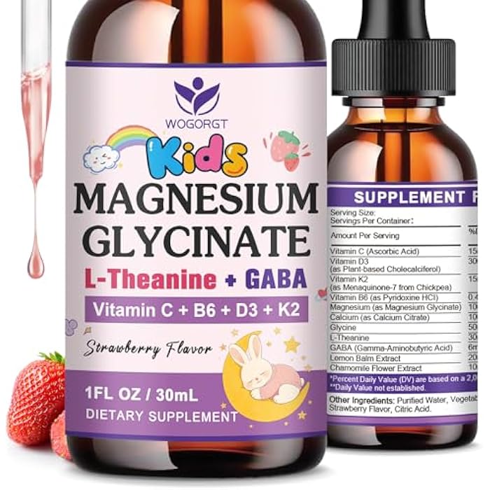 WOGORGT Magnesium Glycinate Drops for Kids - Relaxation & Cognition Support - 200mg Liquid Magnesium Glycinate Supplement with L-Theanine, GABA, B6, D3, K2 - Sugar Free, Strawberry Flavor - 1 Fl Oz (2 Pack) - Image 1