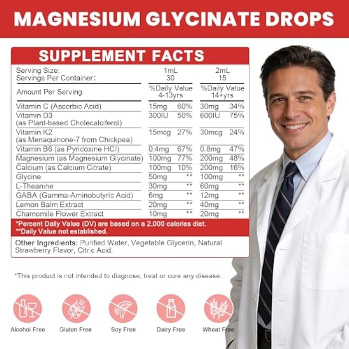 WOGORGT Magnesium Glycinate Drops for Kids - Relaxation & Cognition Support - 200mg Liquid Magnesium Glycinate Supplement with L-Theanine, GABA, B6, D3, K2 - Sugar Free, Strawberry Flavor - 1 Fl Oz (2 Pack) - Image 2