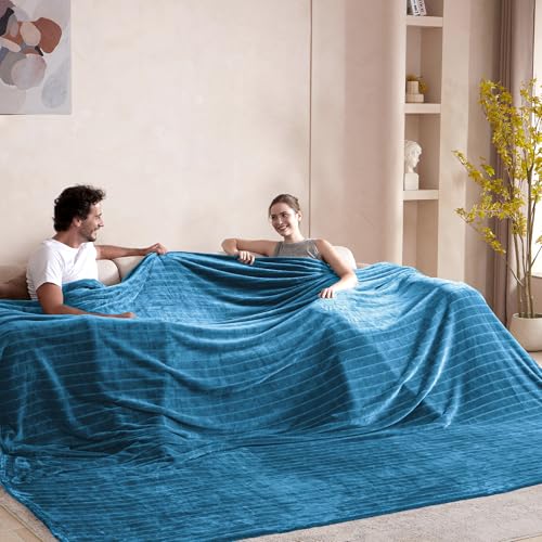 Serenhom Extra Large 120x120 Inch Giant Soft Cozy Fleece Blanket, Huge Oversized Seamless King 3D Jacquard Decorative California King Blanket for Bed, Couch, Travel - Striped Teal - Image 3