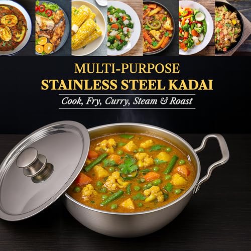 SOLARA Sterra Stainless Steel Kadai/Kadhai with Lid, 22cm/8.6 inch, 2.3Ltr, Induction Base Friendly, 3-Layer Triply Thick Sandwich Bottom, 100% Toxin-Free, No Chemical Coating - Image 3