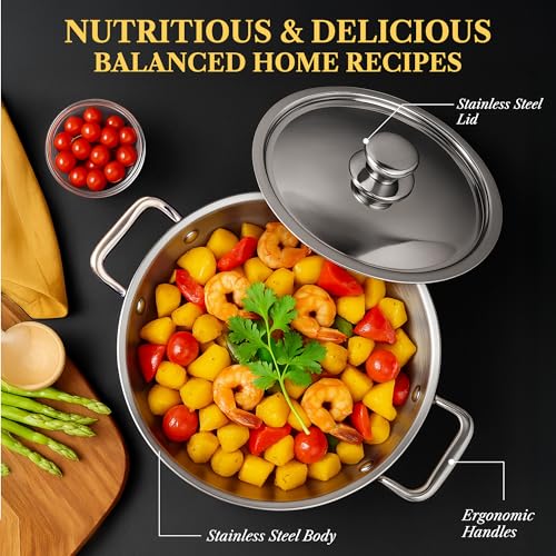 SOLARA Sterra Stainless Steel Kadai/Kadhai with Lid, 22cm/8.6 inch, 2.3Ltr, Induction Base Friendly, 3-Layer Triply Thick Sandwich Bottom, 100% Toxin-Free, No Chemical Coating - Image 5
