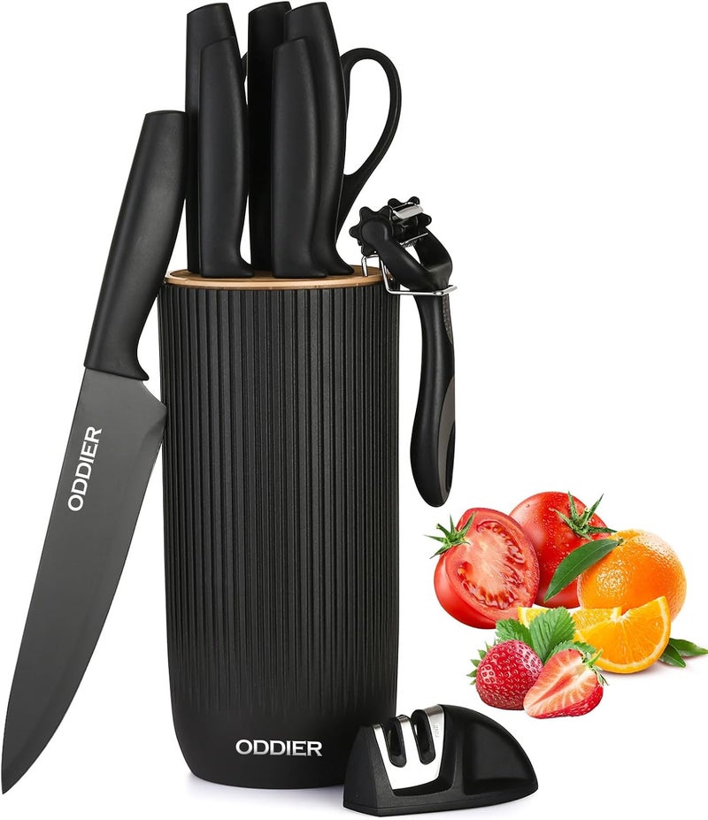 ODDIER Knife Set, 10 Piece Kitchen Knife Set with Block and Sharpener, Anti-Rust Stainless Steel Knives Set for Kitchen, Chef Universal Knife Block Set, Dishwasher Safe, Ergonomical Design, Black - Image 1