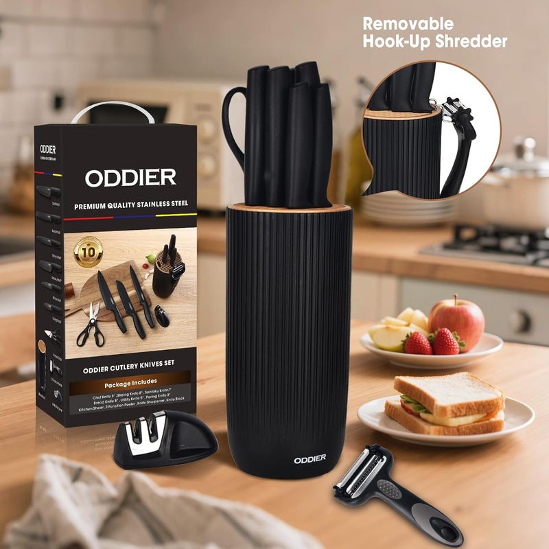 ODDIER Knife Set, 10 Piece Kitchen Knife Set with Block and Sharpener, Anti-Rust Stainless Steel Knives Set for Kitchen, Chef Universal Knife Block Set, Dishwasher Safe, Ergonomical Design, Black - Image 3