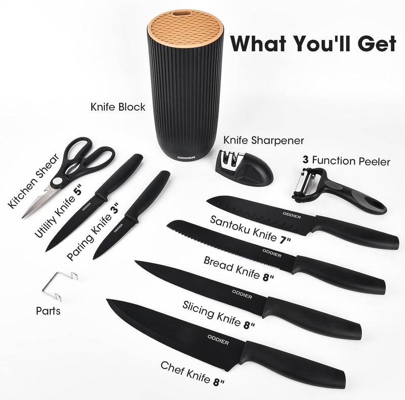 ODDIER Knife Set, 10 Piece Kitchen Knife Set with Block and Sharpener, Anti-Rust Stainless Steel Knives Set for Kitchen, Chef Universal Knife Block Set, Dishwasher Safe, Ergonomical Design, Black - Image 2