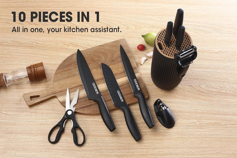 ODDIER Knife Set, 10 Piece Kitchen Knife Set with Block and Sharpener, Anti-Rust Stainless Steel Knives Set for Kitchen, Chef Universal Knife Block Set, Dishwasher Safe, Ergonomical Design, Black - Image 4