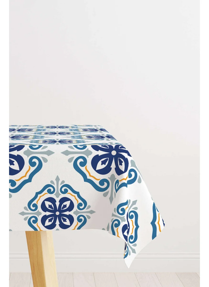 Cango Home White Blue Modern Ethnic Tile Patterned Digital Printed Tablecloth CGH577-MS