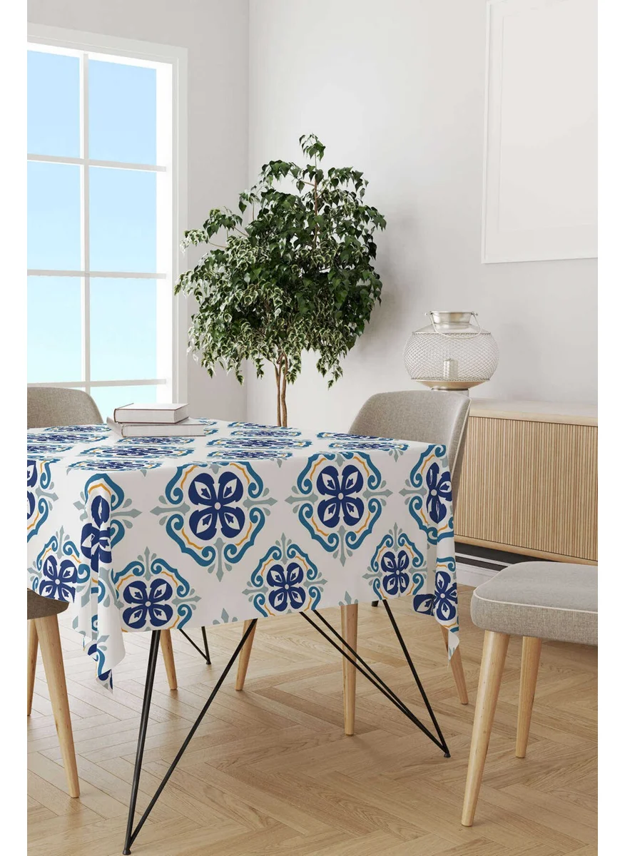 Cango Home White Blue Modern Ethnic Tile Patterned Digital Printed Tablecloth CGH577-MS