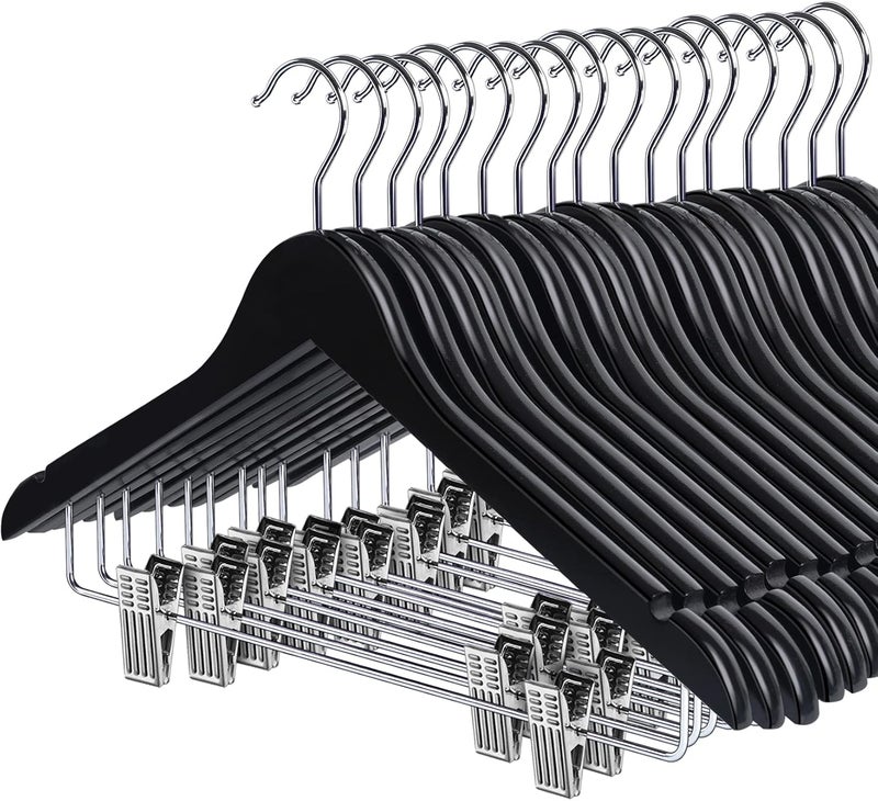HOUISM HOUSM Wooden Suit & Skirt Hangers with Heavy-Duty Clips, Premium Solid Wood Pants Hangers, Smooth Finish - Black, 16Pack for Coats, Jeans, Blouses - Image 1