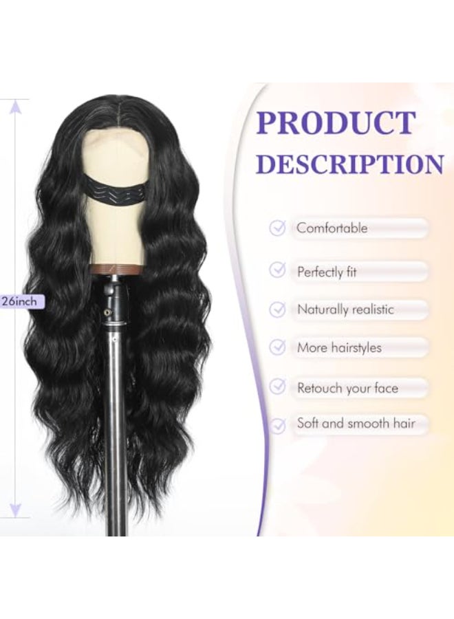 SCENTW Black Wig for Women HandTied Lace Synthetic Lace Front Wig Long Wavy with 4x1 Lace Natural Hairline Middle Part Synthetic wig for Daily Party Beginners - Image 3