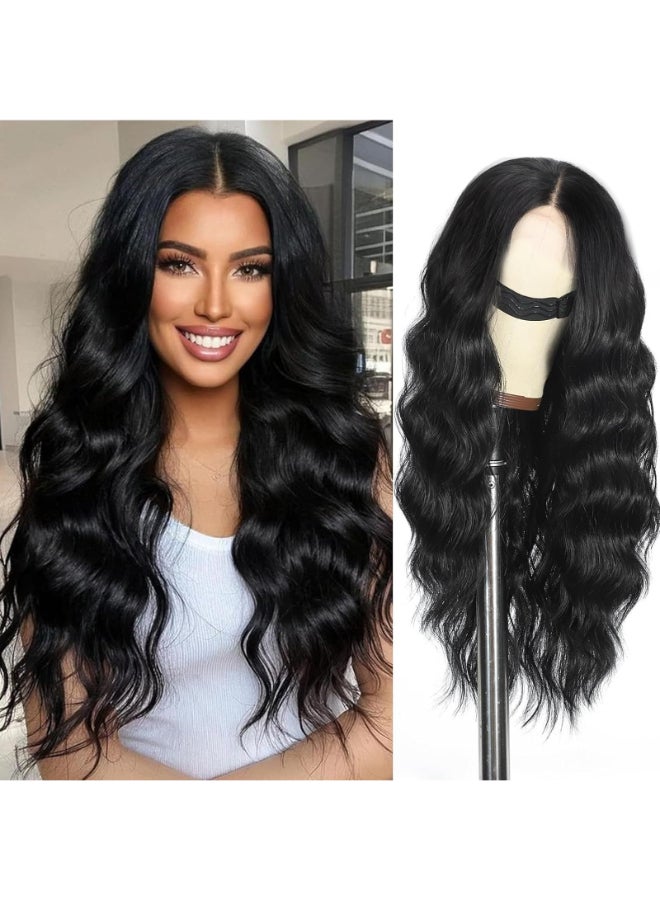 SCENTW Black Wig for Women HandTied Lace Synthetic Lace Front Wig Long Wavy with 4x1 Lace Natural Hairline Middle Part Synthetic wig for Daily Party Beginners - Image 2